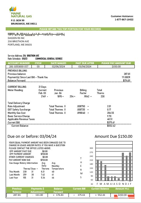 USA Maine Natural Gas Portland business utility bill template in Word and PDF formats